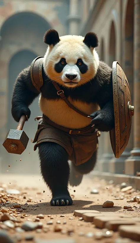 A panda standing like a human, dirty and fierce, wearing gladiator clothing , Wielding a hammer and shield,  hes RUNNING FAST in a medieval marble arena in a combat setting. HES RUNNING IN THE ARENA .