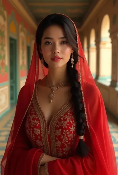 "Create an hyper realistic image of a young 25yo Pakistani woman standing in a beautifully decorated palace with a traditional and regal appearance. She wears an ornate red gown adorned with intricate gold embroidery, and her head is draped in a semi-sheer...