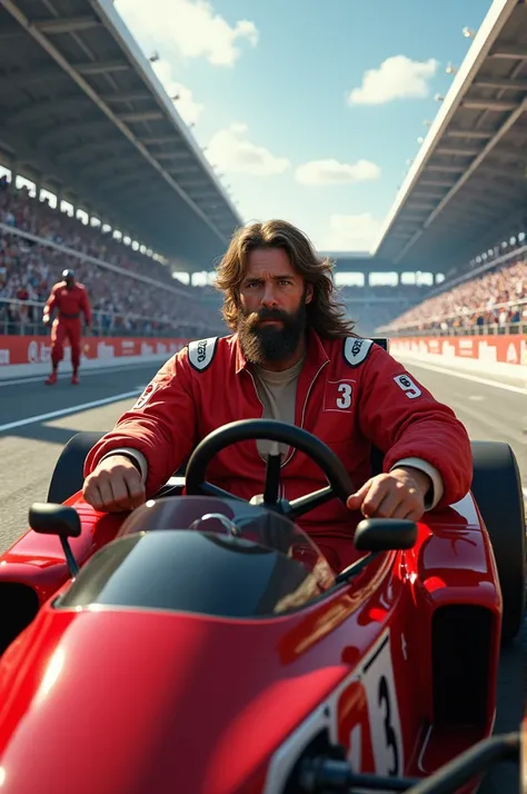 JESUS IN DRIVING SUIT ON CAR RACEING STADIUM WITH SATAN