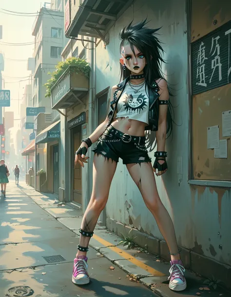 (high resolution,,)(nsf3)(Downtown)(Full body view) 1girl((female ) (Black Hair、 semi-long hair、Heterochromia,Urban Punk Makeup )（ Punky Magical Girl Outfit,Ear Cuff, anklet with birthstone,sneakers,Fingerless gloves）