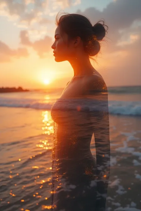  High quality,  8k Ultra HD , Uma bela double exposure que combina uma silhueta de deusa com a costa ao pôr do sol,  the coast at sunset should serve as a backdrop ,  with its details embedded in the goddess , sharp lines, The background is monochromatic, ...