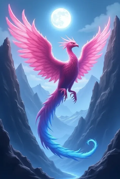 A pink phoenix with an extremely long blue tail , between two mountains, and in front of the moon.