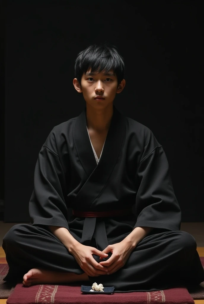  29-year-old Japanese male 　Short black hair　kimono　fortune teller　Dark atmosphere　sitting cross-legged