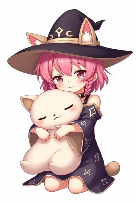  You have an anime-style twitch emote of a girl with short pink hair with braids, Cat ears,  Witch hat , witch costume, hugging a pillow in png 