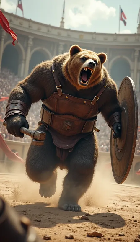 A ferocious bear , standing like a human, dirty and fierce,  wearing gladiator clothing ,  wielding a sledgehammer and shield,  hes RUNNING FAST in a medieval marble arena in a combat setting. HES RUNNING IN THE ARENA .