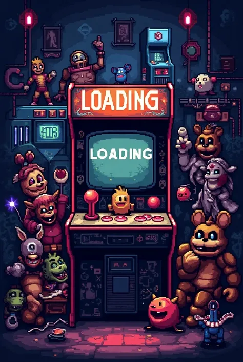 Imagen arcade en pixel art con la palabra loading con imágenes de halo Mario bros halo castlevania metroid Pacman megaman Avengers universo five night at freddy