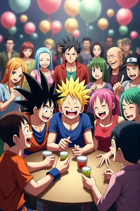 A cluster of anime characters Goku Gojo Itadori Naruto Zoro Saitama Luffy and a whole bunch of others all laughing at a party 