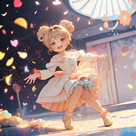 Cinematic Light, Alone, ((( 1 girl))), blonde, Long Hair,  twin tails, Red eyes,  Jewelry ,  earrings,  idol costume, Cute frills, Pastel colors,   Beautiful Thighs, Flared Skirt, (smile:1.5), (( Open your mouth :1.2)), ((Random action poses:1.2, heartが弾ける...