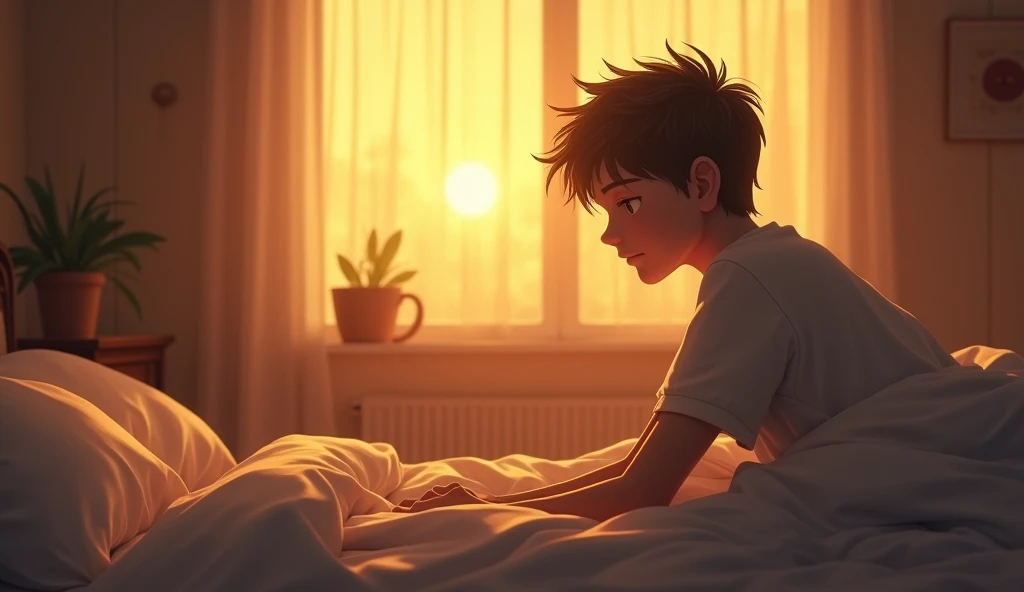 A teenage boy get up to his sleeping on sunrise 