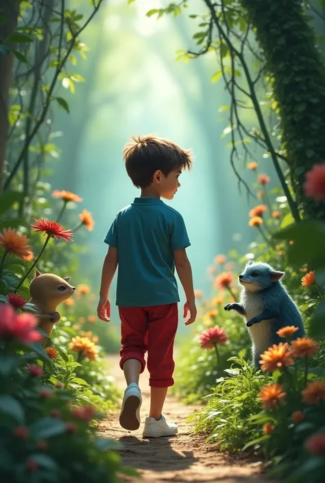 blue shirt, red pants, and white sneakers  boy As he ventures deeper, he encounters talking animals and enchanted plants