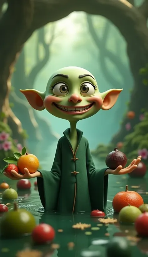 Bald green witch (funny smile),standing in the middle of sea with fruit in her hands 3d animated 