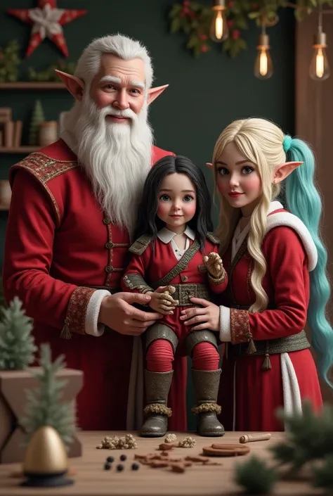 A family of santa Elfs workers, wearing elvish costumes, creating toys, A father, A Mother, A daughter, A son, happy taking a family photo shoot, high quality details, Character Sheet Full-Length, High Resolution, Looking at viewer, Long Hair, Breasts, Blo...