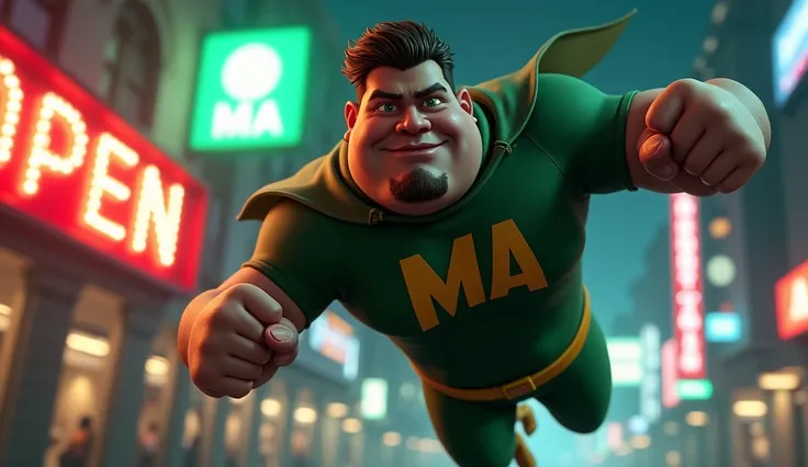 (photorealism:1.2), overweight very short brown haired billiards player superhero, stubble, pointed ears, has the large initials MA printed on his green caped uniform, flying towards the neon sign Northern Ireland Open , Northen Ireland Flag, city lights