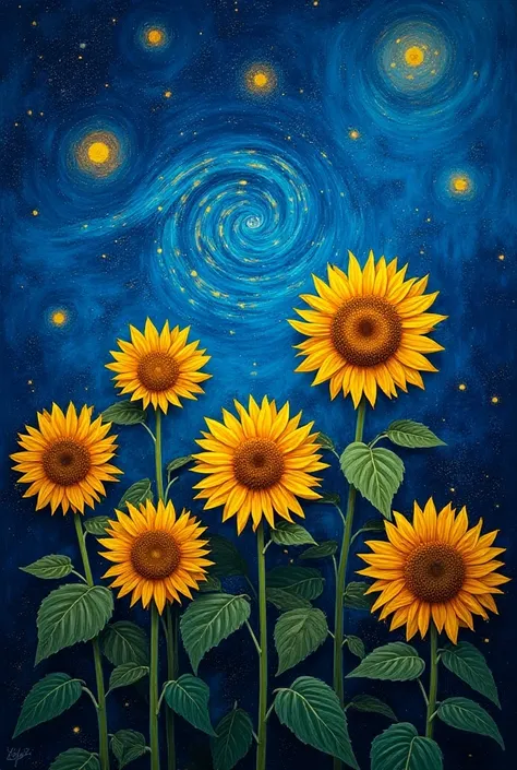 Van Goghs sunflowers over the starry sky