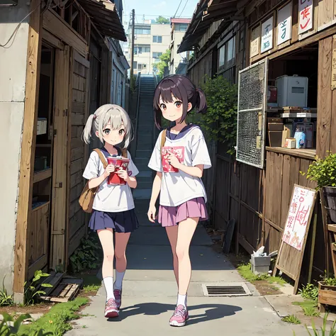 
(masterpiece、Detailed Anime)、((Three cute girls、Three elementary school girls、Summer clothes、にぎやかでfun))、( old and dirty stairs in the housing complex、Sky Corridor、View from high up、Abandoned Port Town、General store、Battleship Island:1.2、Vending machines、g...