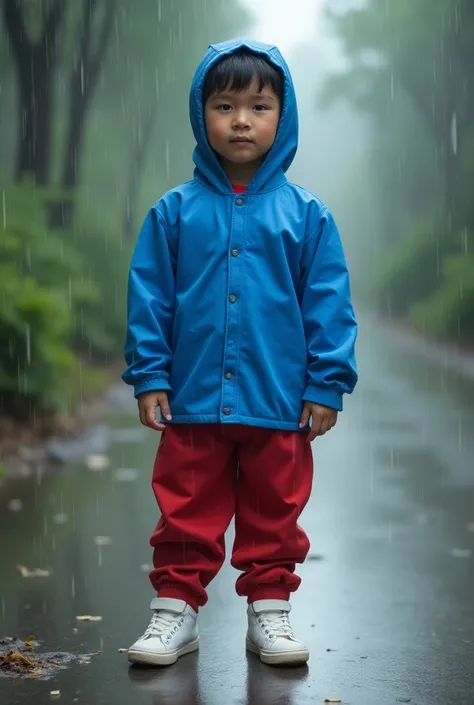 blue shirt, red pants, and white sneakers  boy Alex’s outfit remains untarnished despite the rain, hinting that the map has given him some magical protection