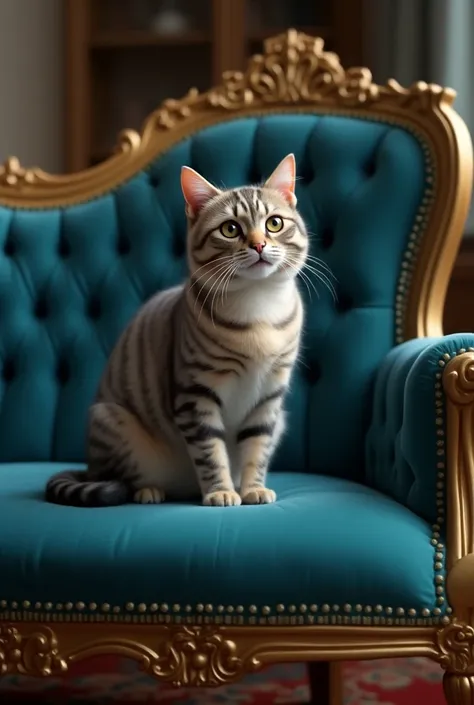  A realistic cat sitting on an elegant blue Victorian sofa with golden borders, above the sofas . realistic 