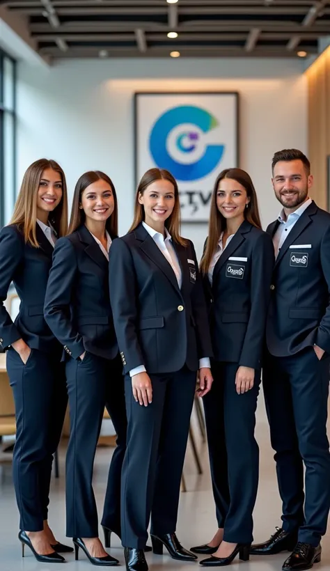 A four young european girls influencers and three young european mens influencers with white T-shirt with CLAGCEB logo Business oficial uniform. CLAGCEB logo and social apps iconos around in background wall of the office coworking.