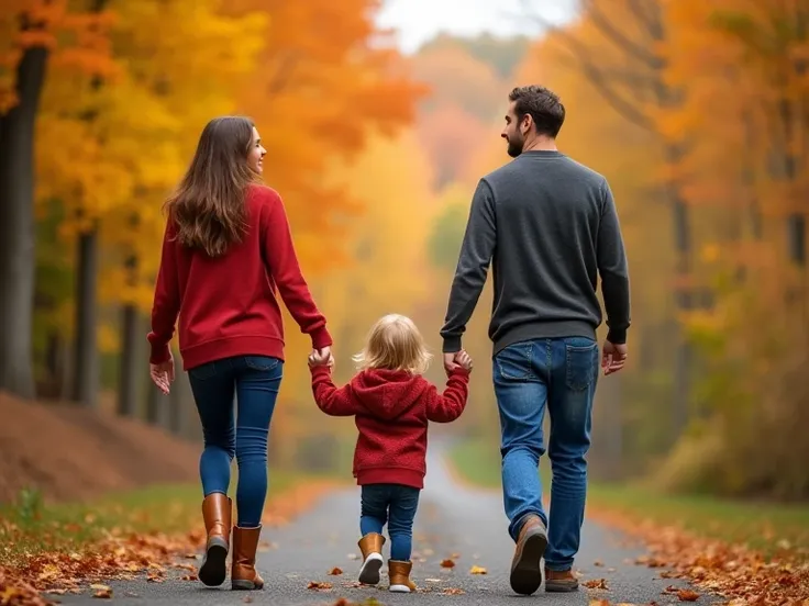 A beautiful family portrait taken during peak fall foliage in northeastern Pennsylvania USA. It is a mother and father holding the hands of two younger ren, a girl and a boy, walking toward the camera. The parents are lifting them up by the arms as they wa...