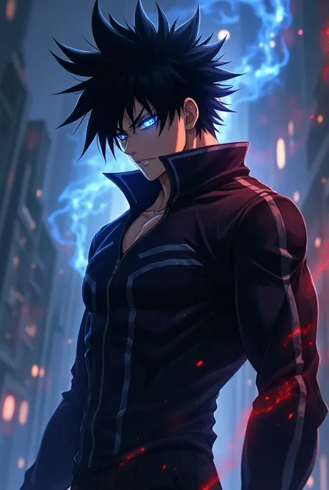 Black Spiky hair has muscles appearance usually wears a black jacket with blue stripes or red depending on his mood, galaxy eye color, anime