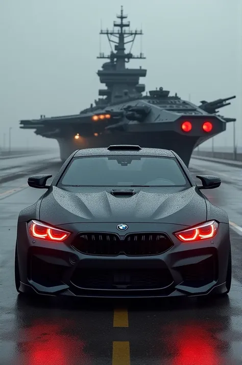 "Imagine a terrifying fusion of a BMW car and an aircraft carrier, designed for total dominance on both land and sea. The vehicles front is a modified BMW sports car, with a sinister matte black finish, reinforced steel armor, and a low, aggressive stance....