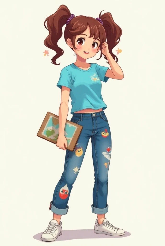 Artist Girl
Age: 20 years old
Description: In full height, she stands confidently, her two pigtails bouncing with her energy. she wear blue t-short and geans and white snikkers Her colorful outfit is adorned with art motifs, and she holds a sketchbook in o...