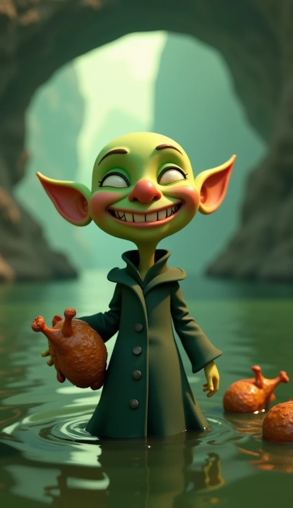 Bald green witch (funny smile),standing in the middle of sea with roasted chicken in her hands 3d animated 