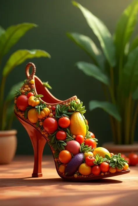 Generate a single shoe of india  color theme , made up of vegetables and fruits , 3d animated. 