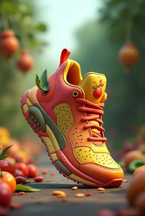 Generate a single sports shoe of india  color theme , made up of vegetables and fruits , 3d animated. 