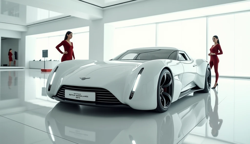 A captivating and futuristic image of the Bentley Brooklands 1971 takes center stage in a luxurious white showroom Original 1971 model Bentley Brookland car picture. The car is painted in a striking vibrant white hue, showcasing its Front, aerodynamic desi...