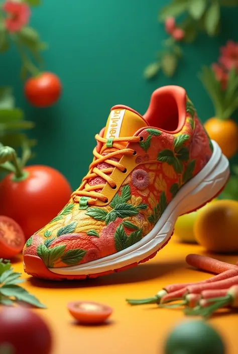 Generate a single sports shoes of india  color theme , made up of vegetables and fruits , 3d animated. 