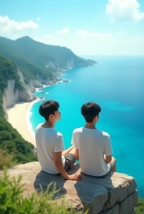 Photography,  two cute young korean guys sitting on a high cliff looking from the top of a beautiful blue beach cliff.wearing summer clothes 