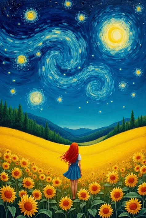  Van Goghs Little Field of Sunflowers over the starry sky ,  style the painters classic paintings
With the greatest focus on the sky, And a red-haired girl in the middle of the field with her hair in the wind , The girl in the background of the image with ...