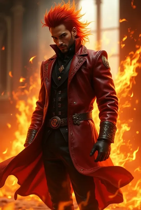 Handsome fire-themed Asian male wizard with fiery red hair, wearing a shiny black and red High-Collar smooth leather coat decorated with shining runes, shiny black leather pants. Standing in a room filled with blazing fire, fierce and unrelenting expressio...