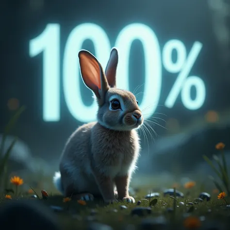 a rabbit and the sign of 100%           8k realistic detailed photography, cinematic lighting, fantasy, magical realism