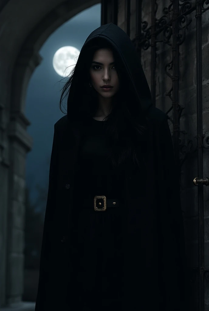 BEAUTIFUL LADY WITH A HOOD VISITS THE DOOR TO A LIBERTINE LORD,  with black hair , In the middle of the night