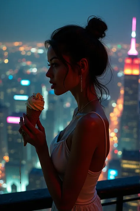 A lightskin woman licking ice cream on top of a skyscraper at night viewing the city