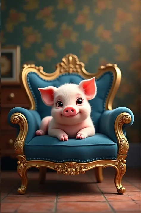 A puppy pig sitting on a very elegant blue Victorian sofa with golden borders 