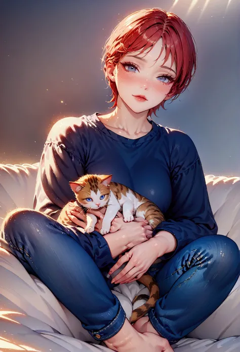 (masterpiece, best quality, 8k, sharp focus, depth of field, best shadows, perfect lights, HDR, realistic skin texture, ultra-detailed background, detailed), anime style,  wearing blue denim 、Navy blue long sleeve T-shirt、Red pink hair 、 Anime style 、 hold...