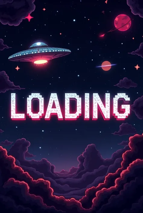 Pixel art arcade image with the word loading with images of the anime galaxy UFO Marvel 