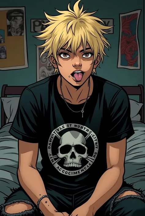 Comic book style, young man, 20 year old man, tan skin tone, brown skin, medium blonde hair, shaggy hair, messy hair, narrow eyes, dark eyes, sharp eyes, smirking, grinning, tongue out, looking at viewer, lip piercings, black t-shirt, distressed t-shirt, m...