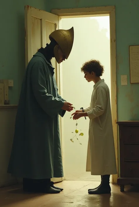  Doctor in robe wearing quarter to three type helmet，Patient giving medicine in patient door handle ， Patient coming out of door talking to doctor 