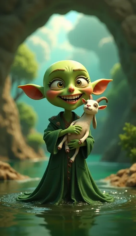 Bald green witch (funny smile),standing in the middle of sea with a little goat in her hands 3d animated 