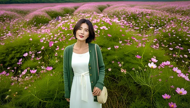 Beautiful 40 year old Korean woman. 1 woman, A stylish mid-length cardigan over a white dress, Standing in a flower field with cosmos flowers blooming,  Reflects realistic flower moss flowers .  radiant skin, short medium hair, Cosmos flowers are blooming ...