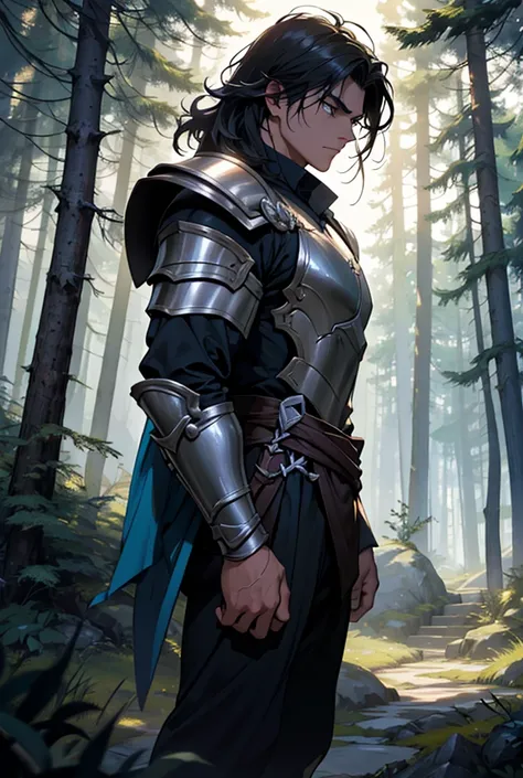 in a dark and dense forest, Arion,  now a young warrior , is depicted standing,  with a firm and confident posture . He wears simple armor, but functional,  that shines under the light filtered between the trees .  His hair is messy and his eyes are big an...