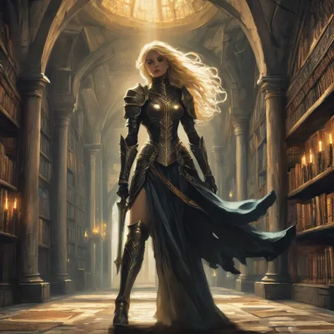 In the vast, dimly lit library, a blonde-haired girl stands with her back to the room, facing towering shelves filled with ancient tomes and forgotten scrolls. Her long hair flows down over black medieval armor, gleaming faintly in the flickering light of ...