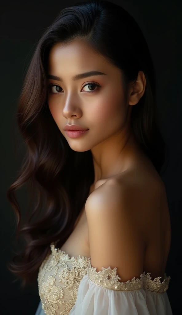 a young woman with long dark brown hair, beautiful young woman wearing dress, dark background, perfect lighting