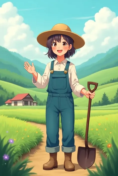 A mother dressed as a farmer, with hat, boots, shovel, etc. Smiling and contented in life. The drawing must be a japanese cartoon or anime style.