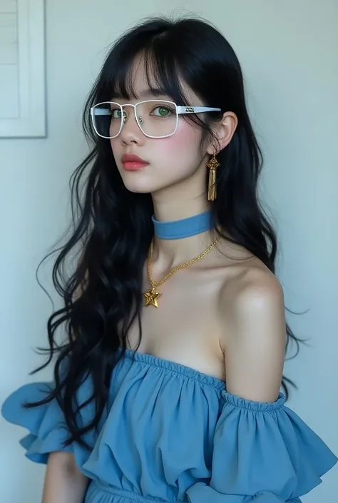 8k wallpaper, masterpiece, Cinema Lighting, Highest quality, figure, Elevation, ((color: 1.1)), ((color inner hair: 1.4)), One person, alone, Long wavy Hair, water, green eyes, white glasses, choker with star gold pendant, Lips parted, blue choker, Liquid ...