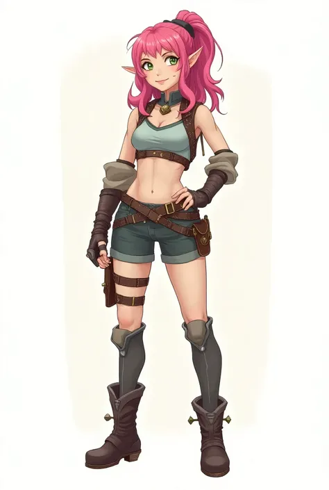 (Full body:1.5), subject in semi-profile, 1 half-elf, woman, young, slightly pointed ears, small ears, pink hair, green eyes, slim, medium chest, nice legs, smiling, friendly, RPG clothes, rogue clothes, boots, anime style, simple drawing, line drawing, an...